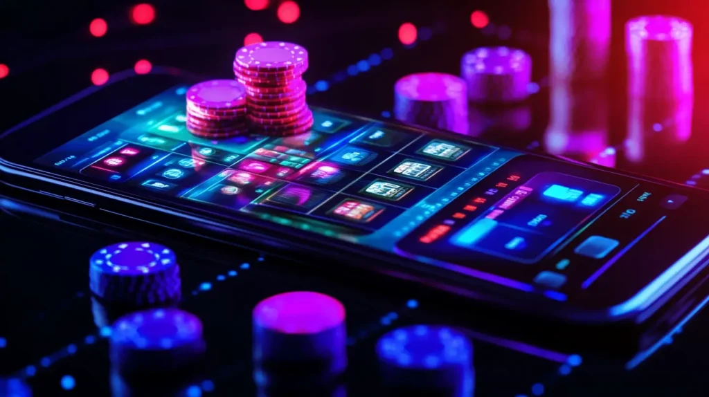 Smartphone displaying Spino Mobile Casino games, live dealer tables and crypto payment features in a futuristic digital setting.