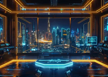 Futuristic UAE-inspired online casino with live gaming tables, slot machines and subtle crypto elements against a Dubai skyline.