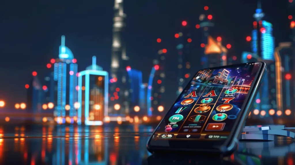 Smartphone displaying an online casino interface with Dubai skyscrapers in the background in a wide landscape scene.